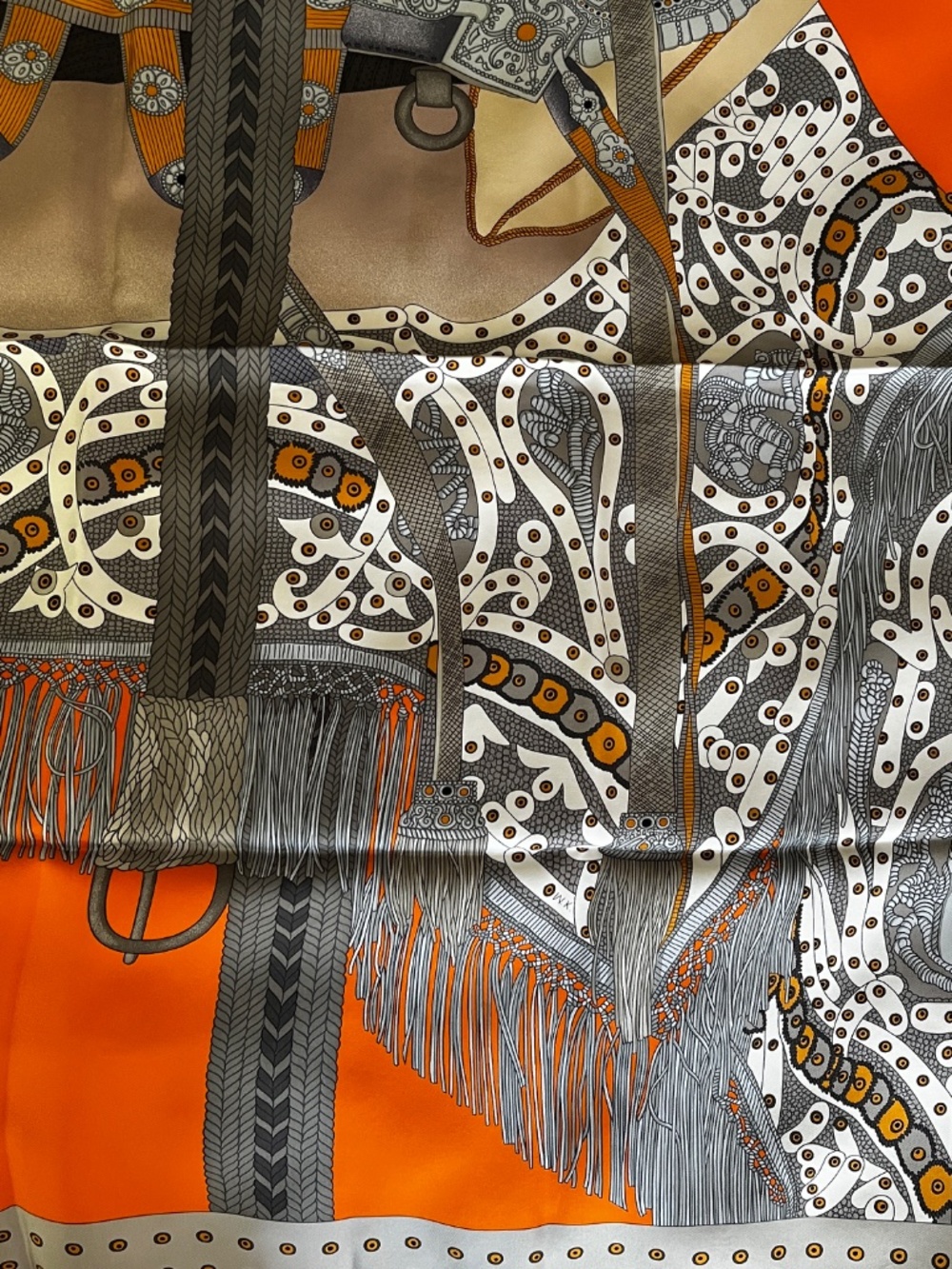 SALE ~~ EXCELLENT Hermes Selle de Dignitaire 100% Silk Scarf CW13 Grey/Orange - Picture 10 of 15